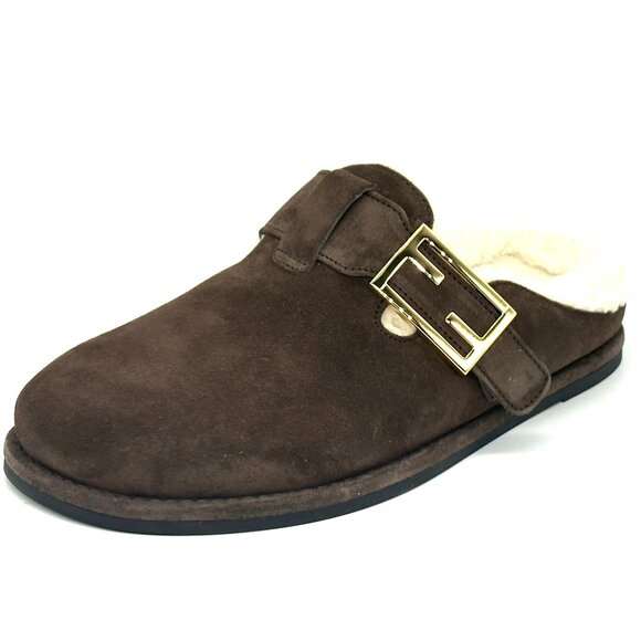 FENDI Feel FF Shearling  Buckled Sabots Mules Slides Flat Clog Sandals - Picture 6 of 16